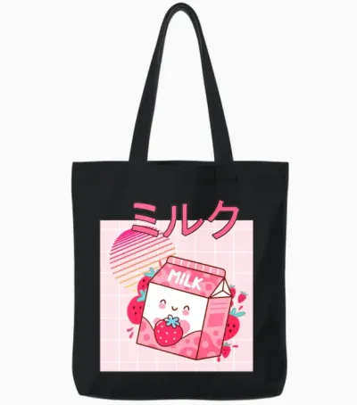 Retro 90s Japanese Kawaii Strawberry Milk Shake Tote Bags - Black