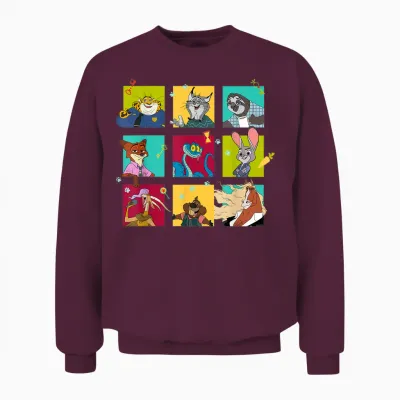 Disney Zootopia 2 Illustrated Characters Grid Unisex Sweatshirt - Maroon