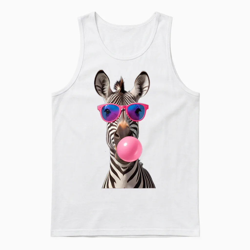#snirt Funny Zebra Bubblegum Bubble Pink Sunglasses T-Shirt, Black Unisex Tank Top in White