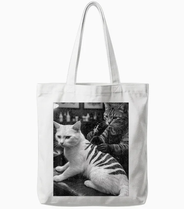 Retro Cats Tattoo Dark Humour Cat Gets Inked Tote Bags in White