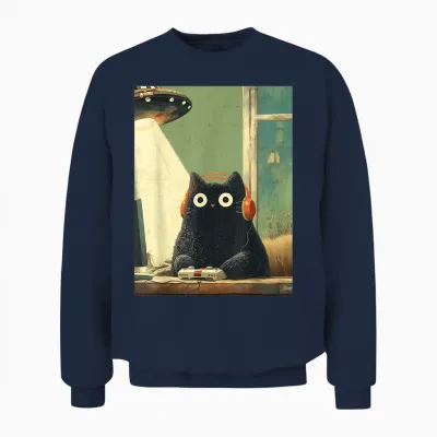 Japanische Schwarze Gamer Cat Videospiele Abduktion Ufo Space Unisex Sweatshirt - Navy