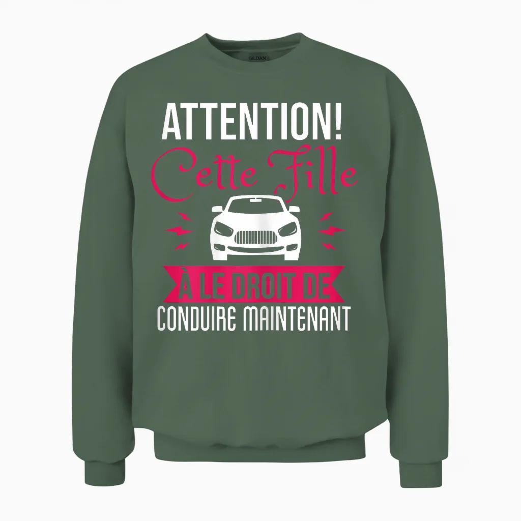 Driving Licence Gift Girl Humour Driving Car T-Shirt, Black Unisex Sweatshirt in Military Green
