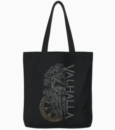 Walhalla Odin in Mask Runes Nordic Compass Viking T-Shirt, Black Tote Bags - Black