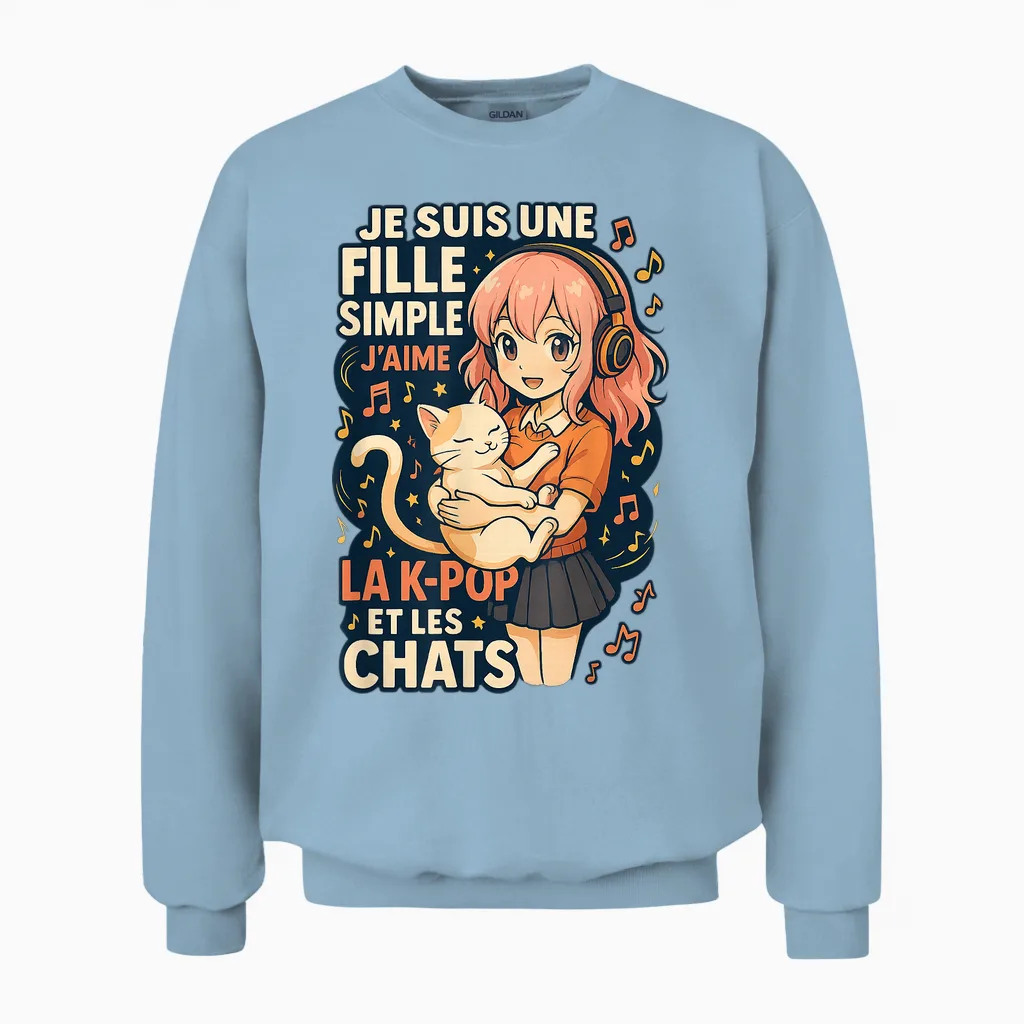 Girl K-Pop and Cats Manga Humor Music Cute T-Shirt, Black, S Unisex Sweatshirt in Light Blue