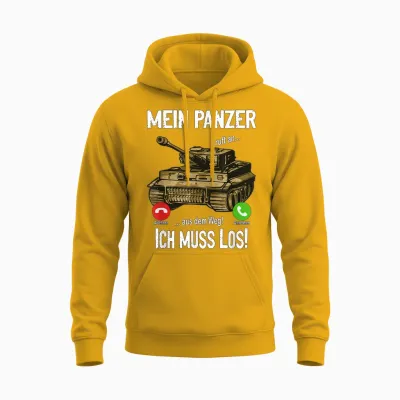T-Shirt with German Text "mein Panzer Ruft An... Aus Dem Weg! Ich Muss Los!, Black Unisex Hoodie - Gold