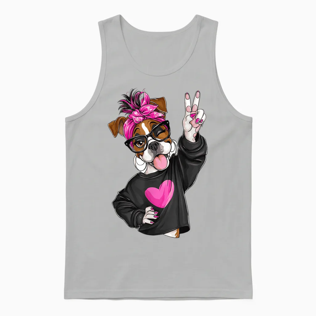 Cute Boxer Girl Lunettes Symbole Paix Chien Graphique Nœud Rose Unisex Tank Top in Ash