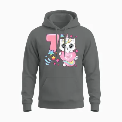 Geburtstag Mädchen 7 Jahre, Katze, Einhorn, 7. Geburtstag Unisex Hoodie - Graphite Heather