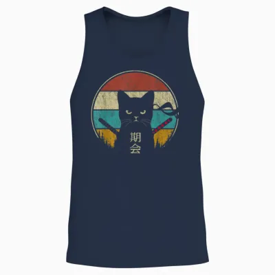 Japanese Cat Vintage Style Kawaii Retro Kitten Lover Unisex Tank Top - Navy