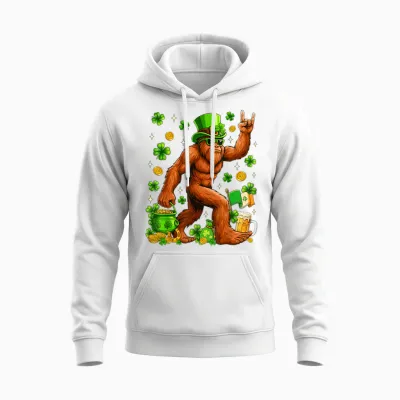 St Patricks Day Bigfoot Sasquatch Shamrock Men Women Unisex Hoodie - White