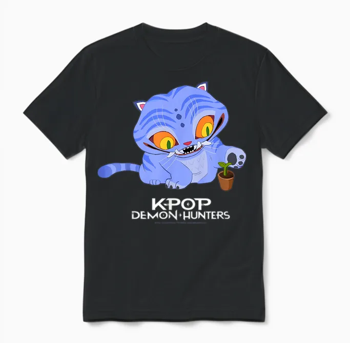 Kpop Demon Hunters Cute Derpy Tiger Cartoon Unisex T-Shirt in Black