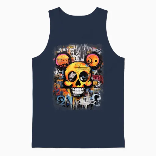 T-Shirt with Mouse Skull Vintage Graffiti Biker Rocker Horror Skull, Black Unisex Tank Top in Navy