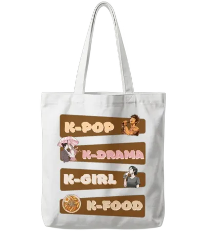 K-Pop K-Drama K-Food Korean Music and Drama Fan Tote Bags - White