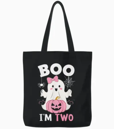 Ghost Boo I'm Two Year 2nd Birthday Girls Halloween Groovy Tote Bags - Black