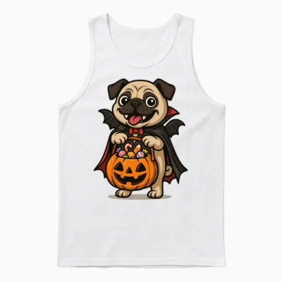 Bat Pug Halloween Pumpkin Unisex Tank Top - White