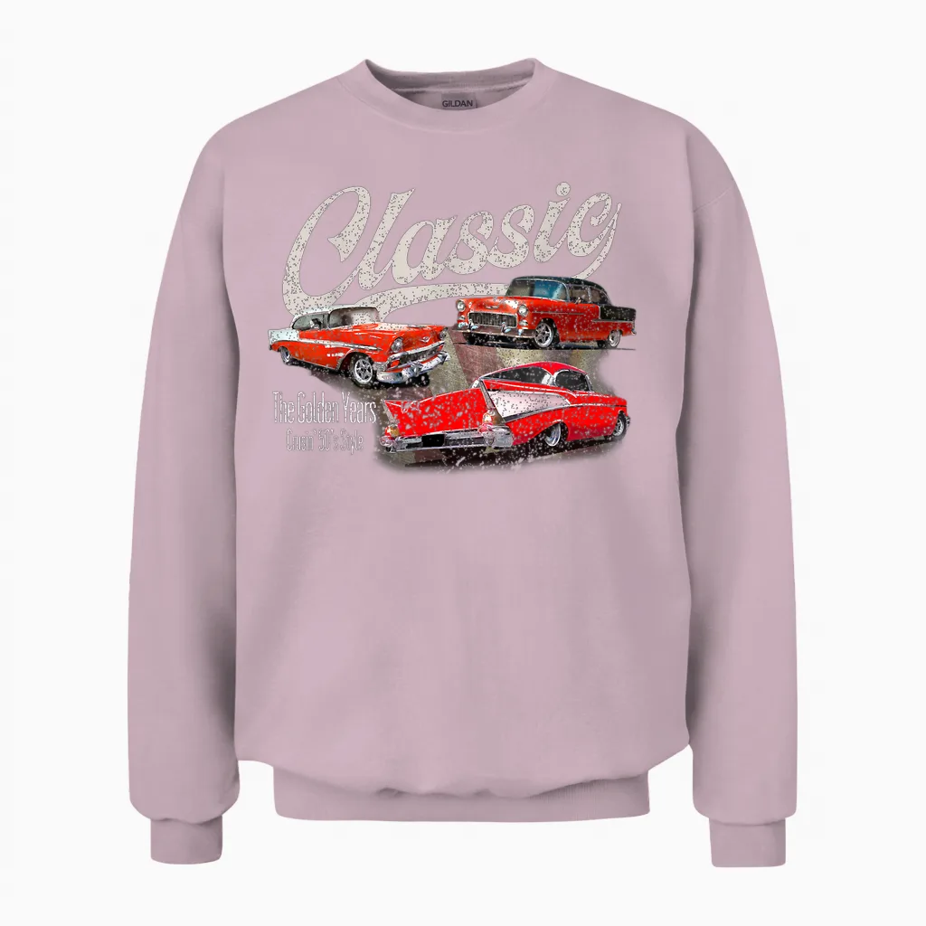 55 56 57 Chevys Bel Air Truck Trifive Vintage Cars Unisex Sweatshirt in Light Pink