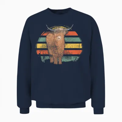 Highland Cow Retro Unisex Sweatshirt - Navy