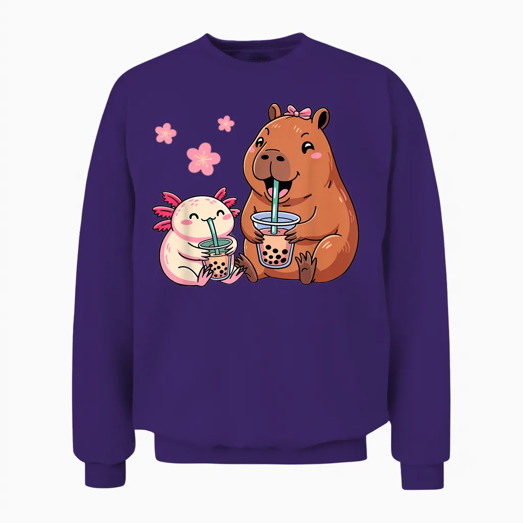 Axolotl and Capybara Drinking Bubble Tea Kawaii Girls' Children's Unisex Sweatshirt in Purple
