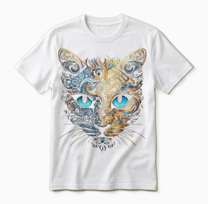 Cat Fantasy Blue Eyes Mandala Animal Art Cat T-Shirt, Black Unisex T-Shirt in White