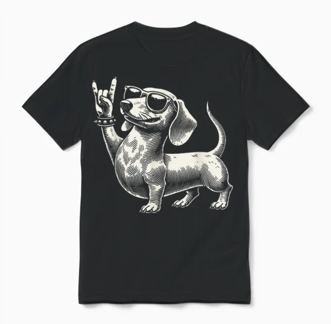 Rock Music Funny Heavy Metal Dachshund Festival T-Shirt, Black Unisex T-Shirt in Black
