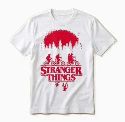 Stranger Things Group Shot Bike Ride Upside Down Silhouette Unisex T-Shirt - White