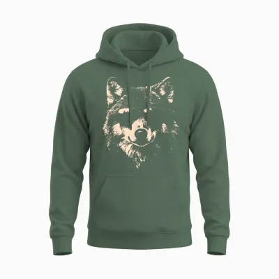 Funny Wolf Cool Rock and Roll Graphic Unisex Hoodie - Military Green