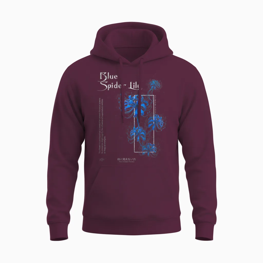 Japanese Blue Spider Lily in Anime Soft Grunge Aesthetic T-Shirt, Black Unisex Hoodie in Maroon