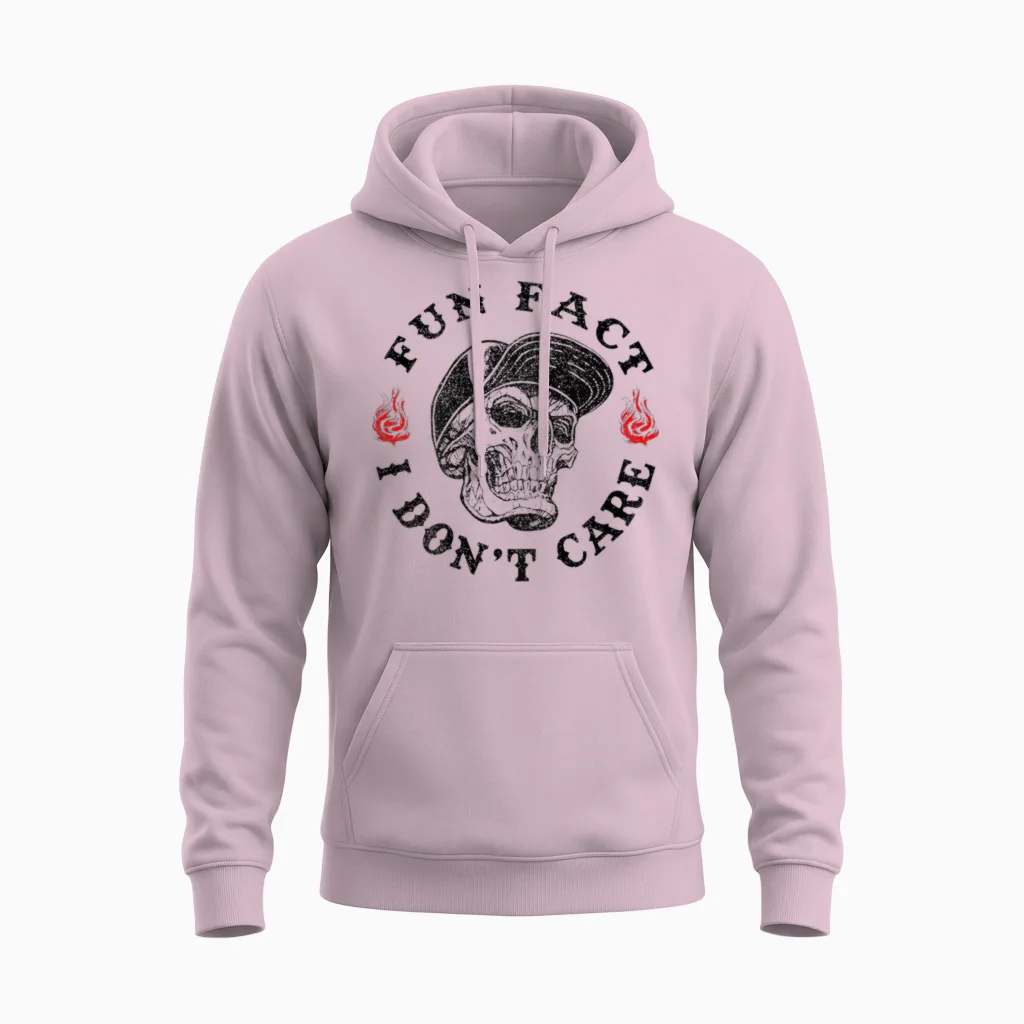 Fun Fact I Don't Care Funny Skeleton Sarcastic (on Back) Unisex Hoodie in Light Pink