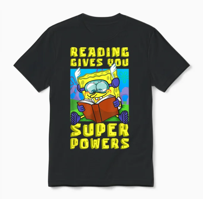 Mademark X Spongebob Squarepants - Spongebob Reading Gives You Super Powers Book Stories Reader Unisex T-Shirt in Black