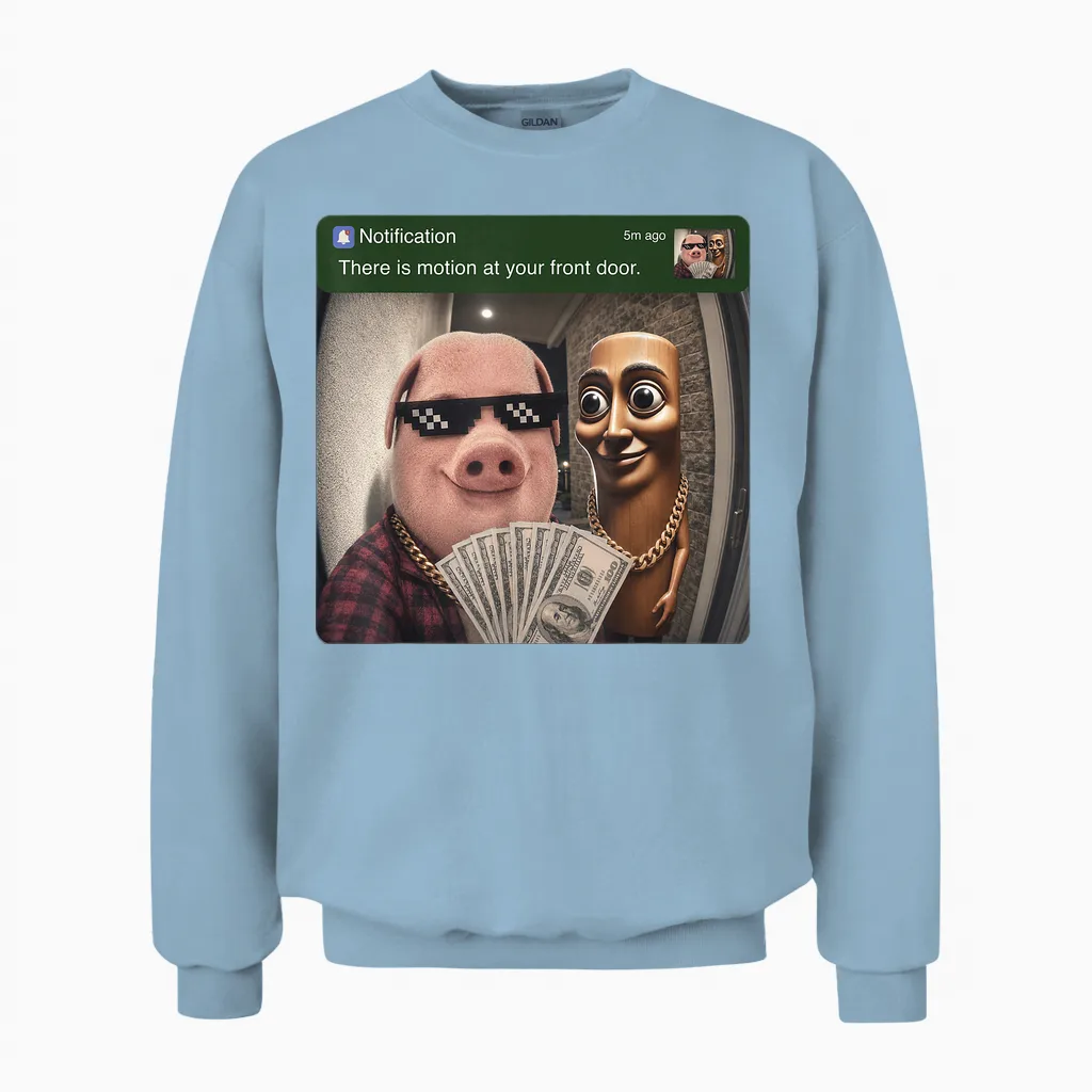 There Is Motion at Your Front Door Tung Tung Tung John Pork Unisex Sweatshirt in Light Blue