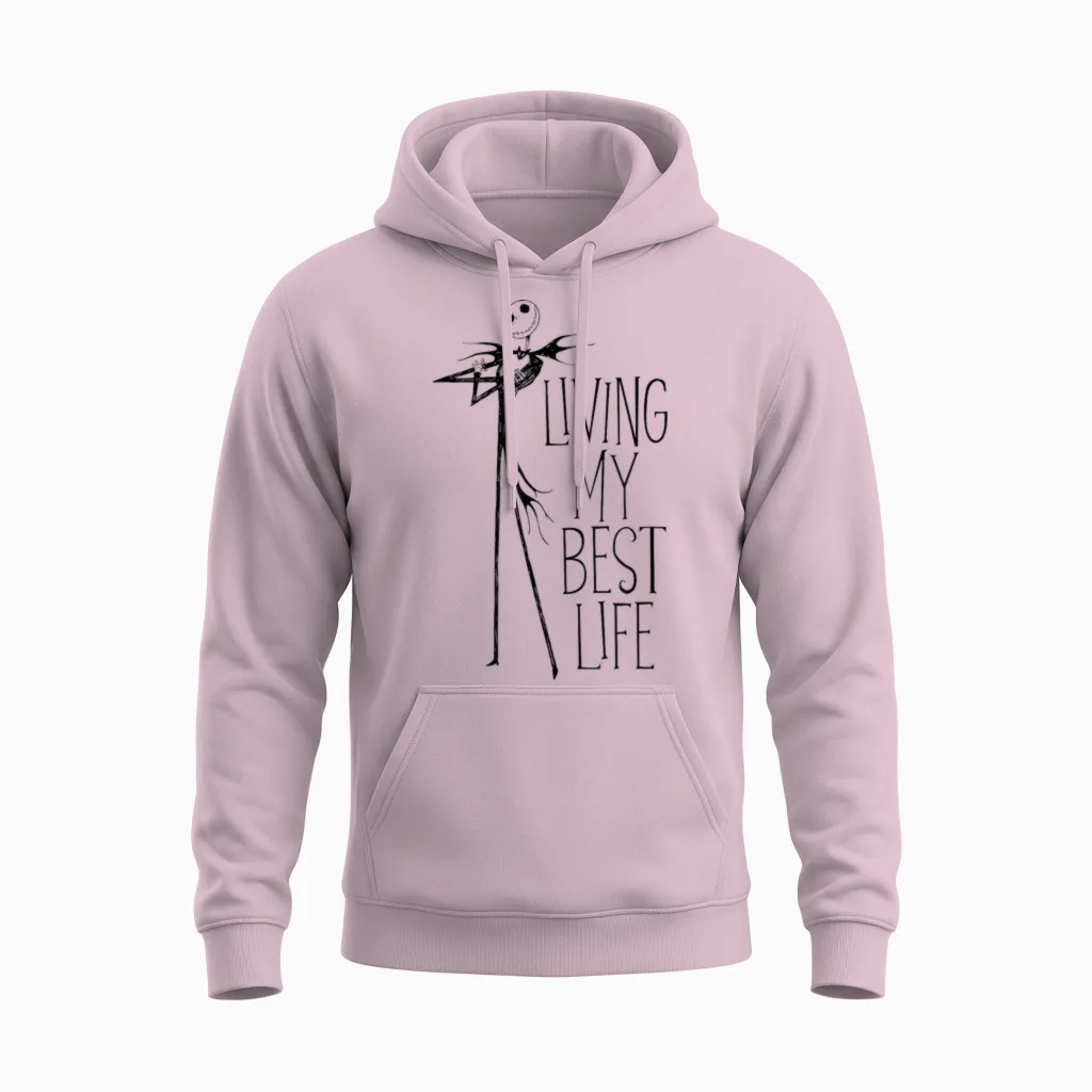 Amazon Essentials Men's Nightmare Before Christmas Jack Living My Best Life Graphic T-Shirt, White, Small Unisex Hoodie in Light Pink
