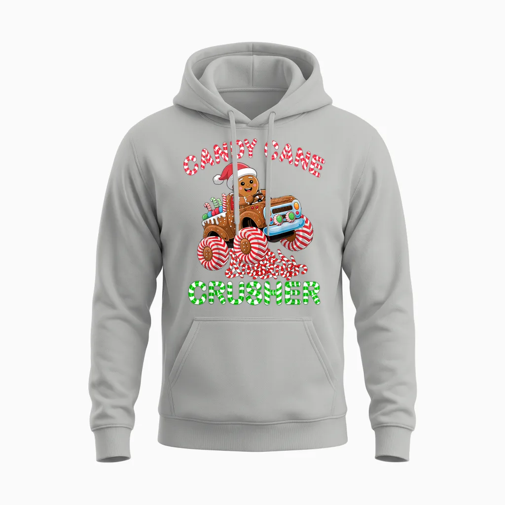 Kids Christmas Gingerbread Candy Cane Crusher Monster Truck Unisex Hoodie in Ash