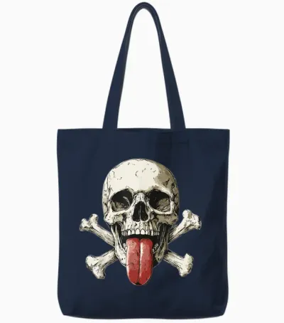 Modern Skull, Tongue Out Pirate Skull T-Shirt, Black, S Tote Bags - Navy