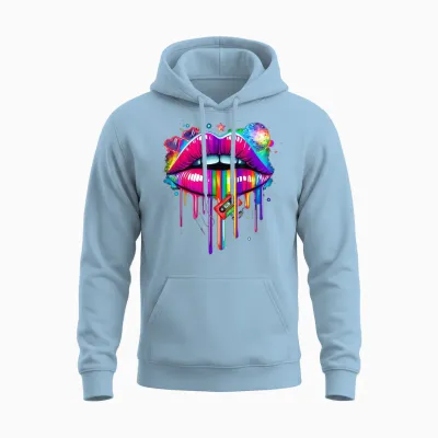 Colourful Lips Kissing Mouth Retro 80s Party Look Costume T-Shirt, Black, S Unisex Hoodie - Light Blue