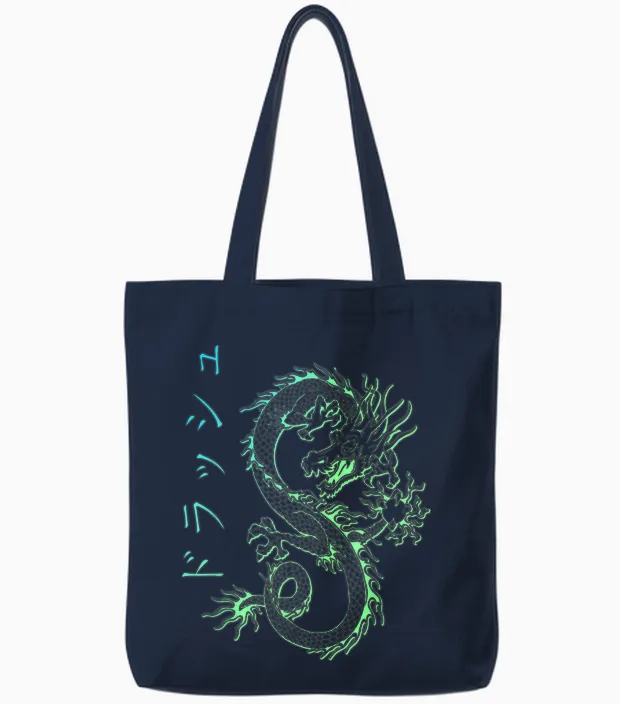 Asian E-Girl Aesthetic Retro E-Boy Kanji Japan Dragon Tote Bags in Navy