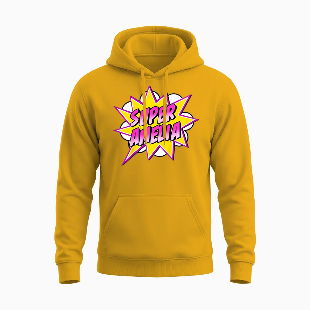 Kids Girls Amelia Name Cartoon Superhero Unisex Hoodie in Gold