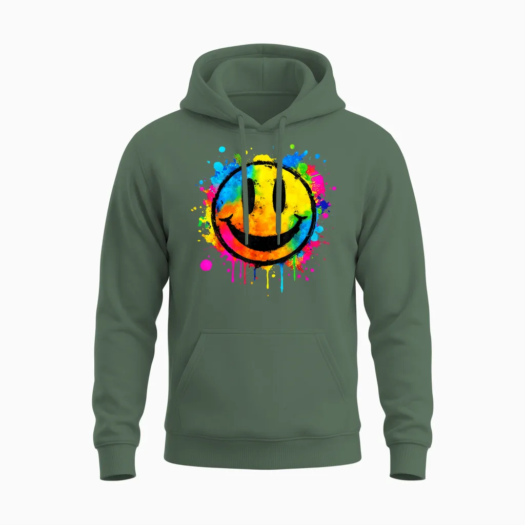 Cute Paint Splash Happy Smile Face 70s Tie Dye Smiling Funny Unisex Hoodie in Military Green
