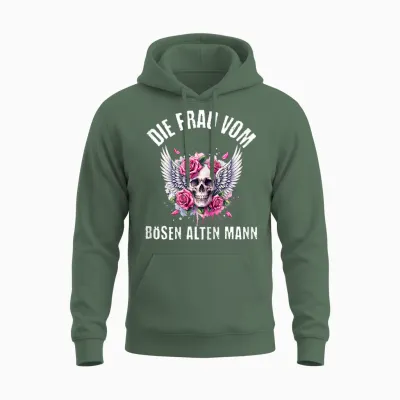 T-Shirt with German Text "die Frau Vom Bösen Alten Mann, Black Unisex Hoodie - Military Green