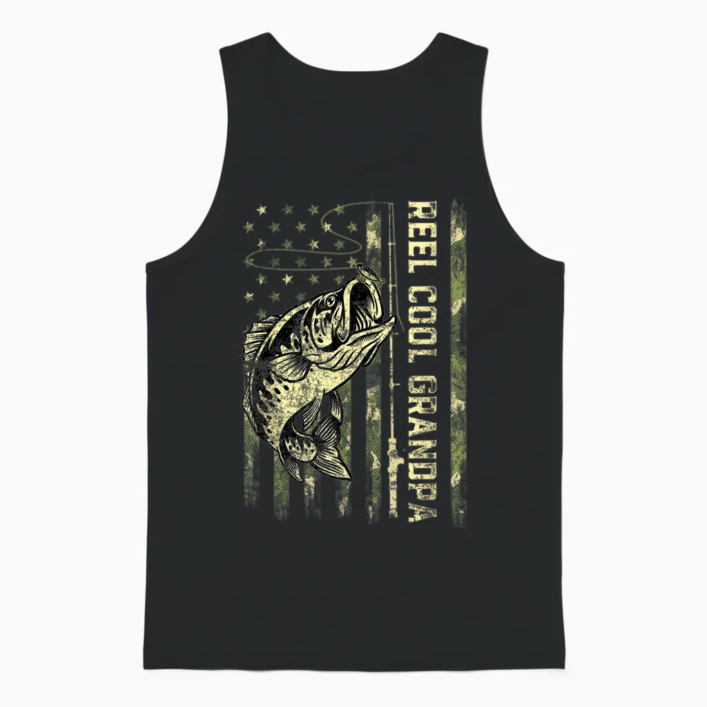Reel Cool Grandpa Fisherman Camouflage Father's Day Unisex Tank Top in Black