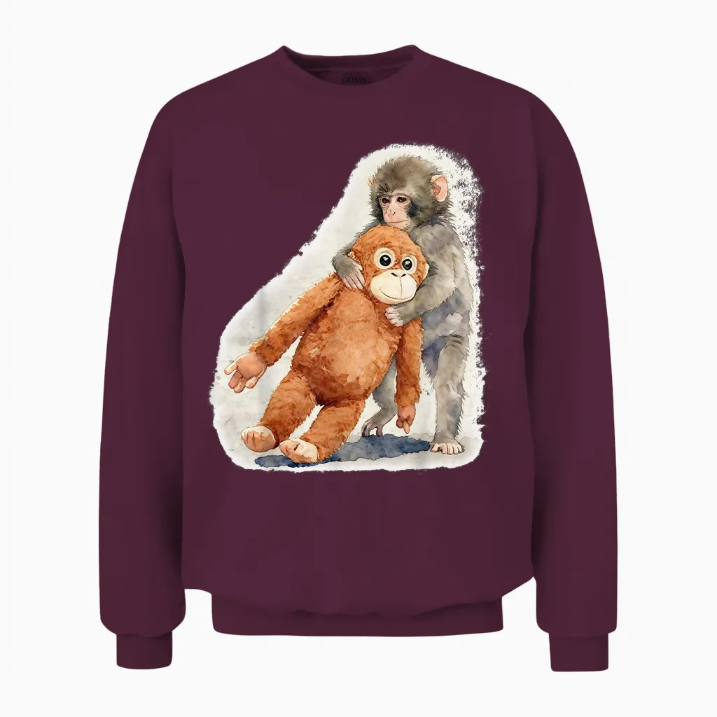 Punch β Cute Baby Monkey and Orangutan Plush Watercolor Unisex Sweatshirt in Maroon