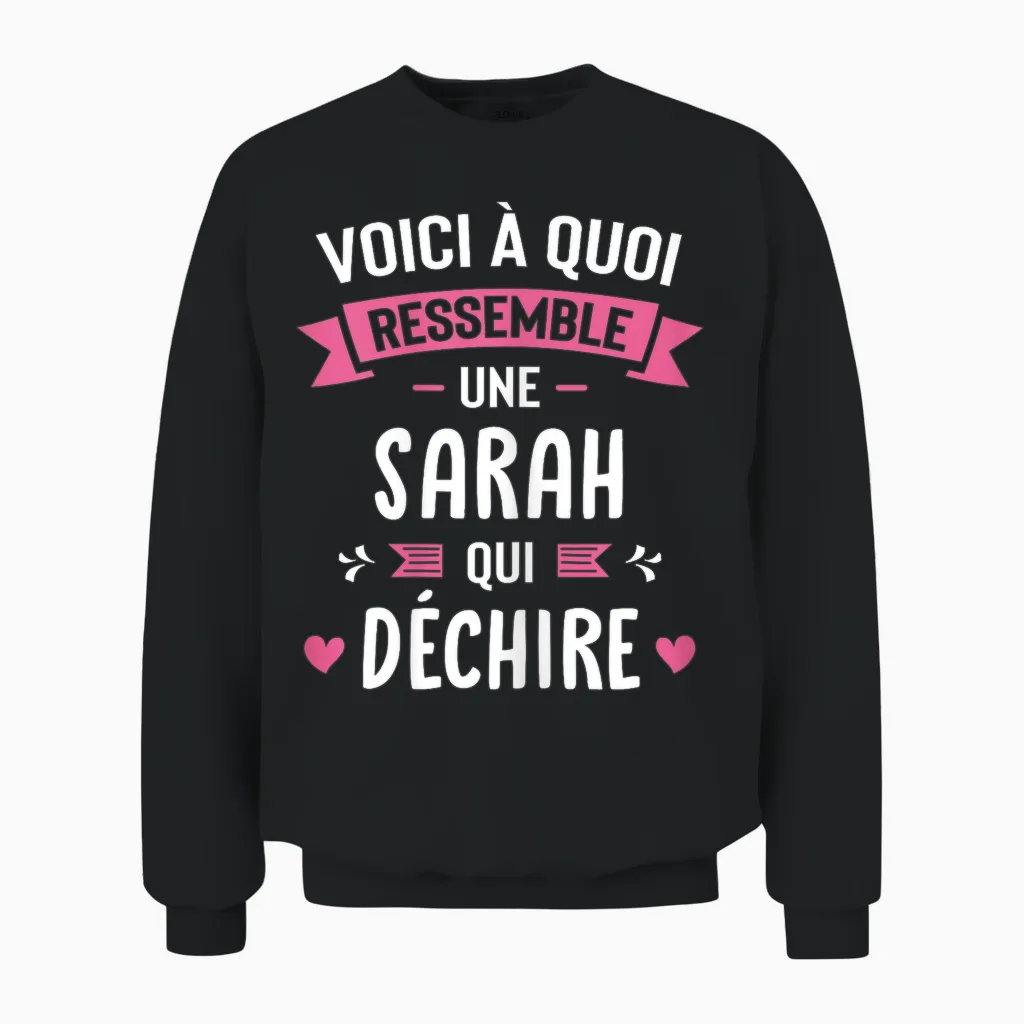 Woman Humour Personalised Gift Sarah Qui Déchire T-Shirt, Black, Female X-Small Unisex Sweatshirt in Black
