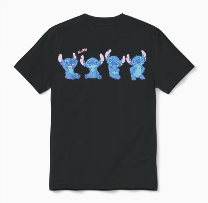 Disney Stitch Fluffy Aloha Vibes Cute Multi-Pose Unisex T-Shirt in Black