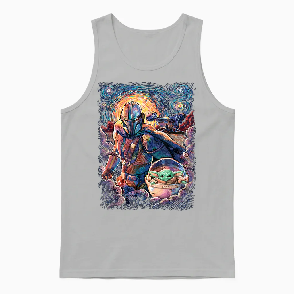 Star Wars the Mandalorian & the Child Starry Night Style Unisex Tank Top in Ash