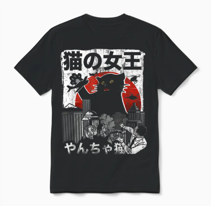 Vintage Queen of Cats Monster Cat Japan Style Unisex T-Shirt in Black