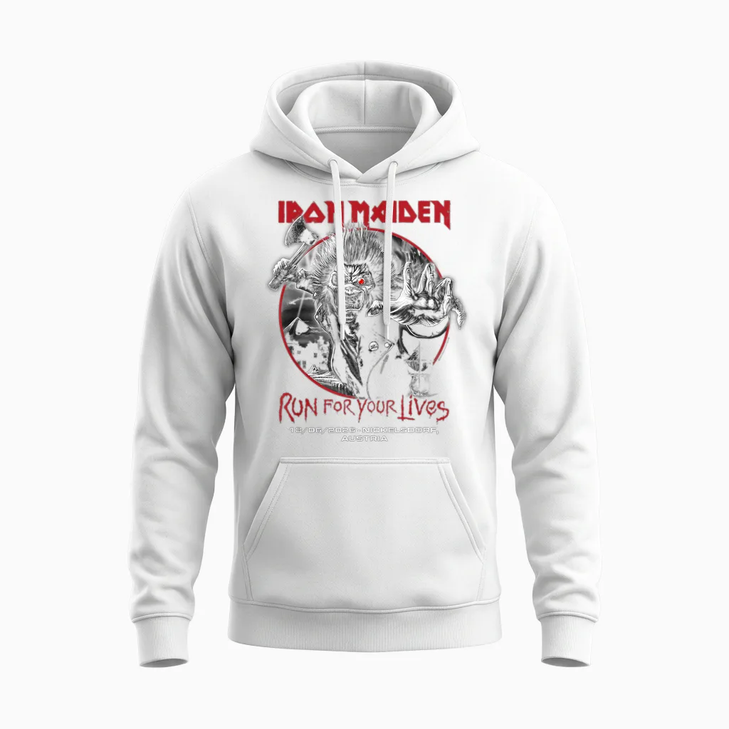 Iron Maiden Run for Your Lives Tour 2026 Nickelsdorf Unisex Hoodie in White