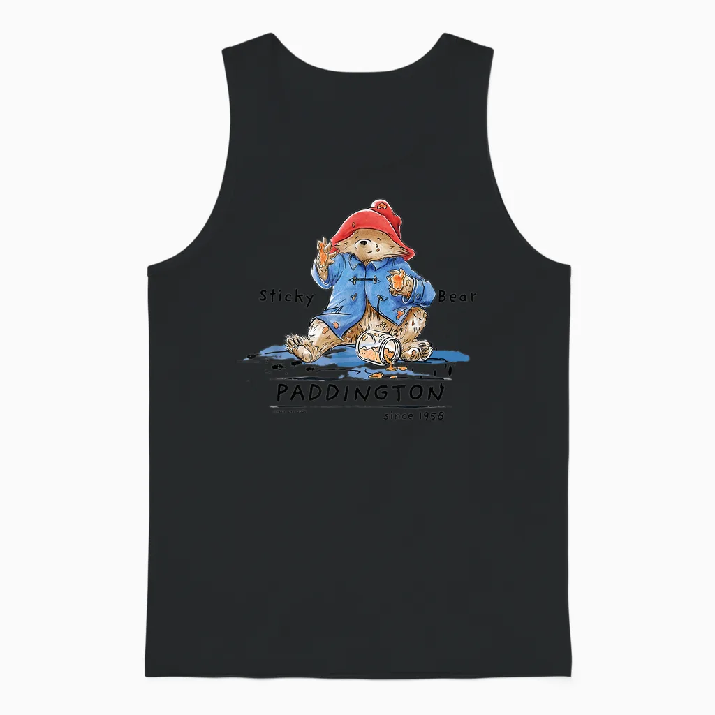 Paddington Sticky Bear Classic Illustration Unisex Tank Top in Black
