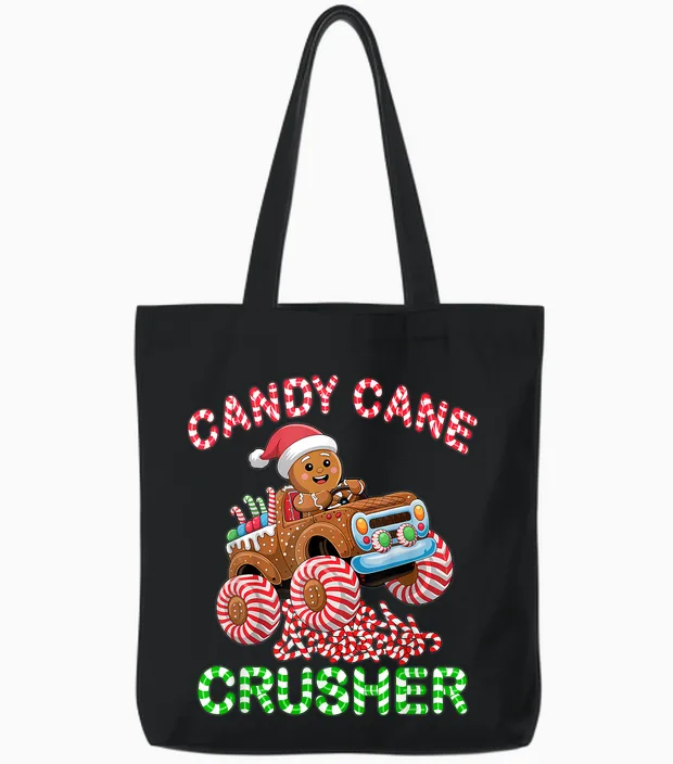 Kids Christmas Gingerbread Candy Cane Crusher Monster Truck Tote Bags in Black