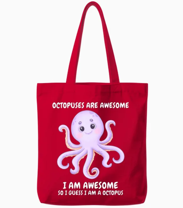 Cute Smiling Lila Octopus Tote Bags in Red