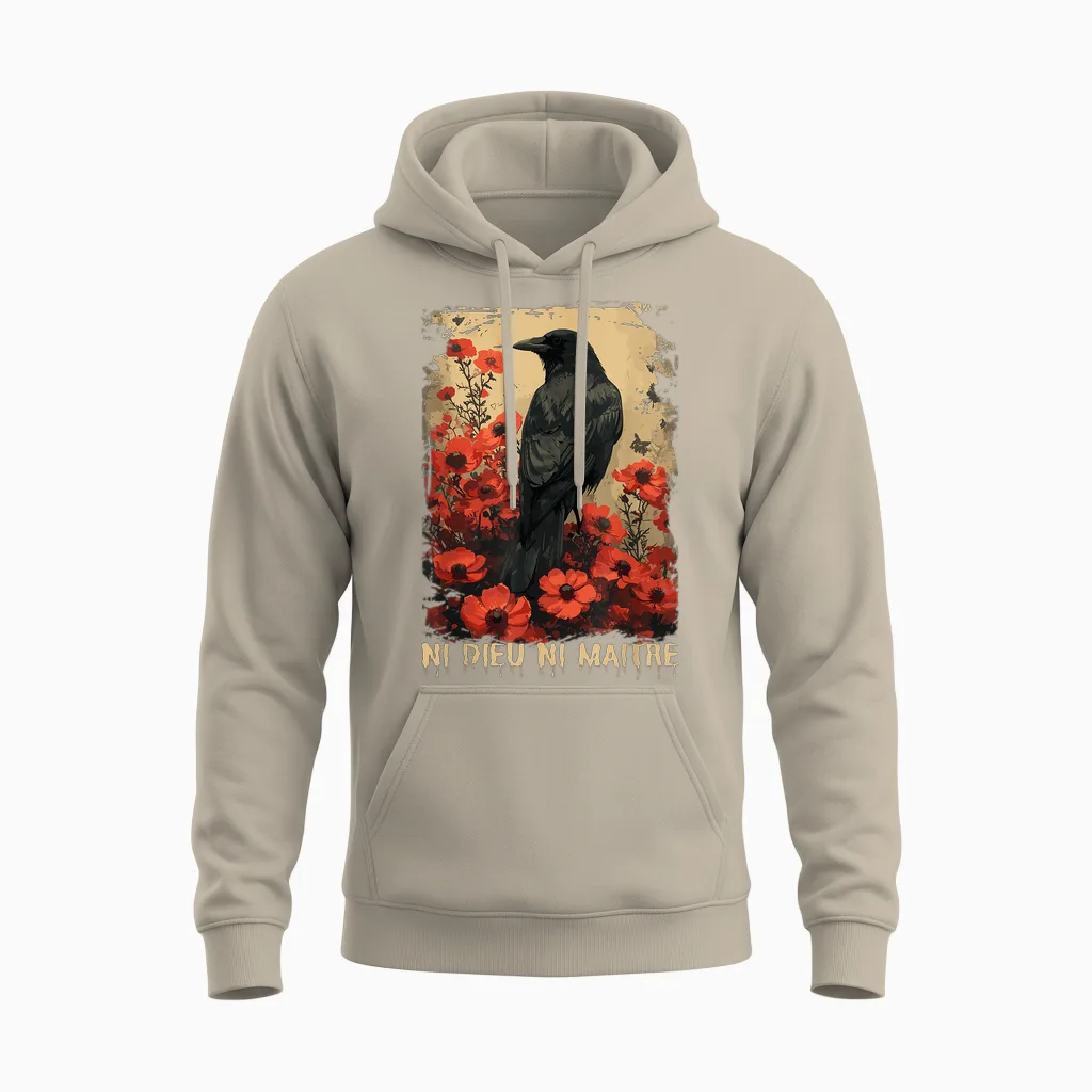 Raven Neither God nor Master, Crow No Gods No Masters. T-Shirt, Black, S Unisex Hoodie in Sand