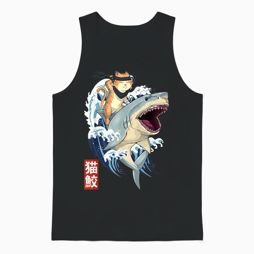 Samurai Cat Shirt - Retro Ninja Japanese Cat Shark Kanagawa Unisex Tank Top in Black
