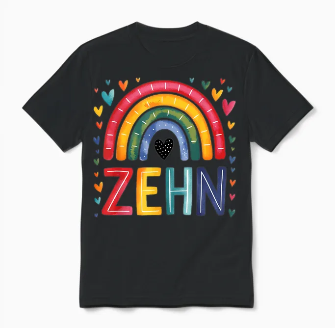 Children's Birthday 10 Girls Rainbow Fairy Tenth 10 Years Unisex T-Shirt in Black